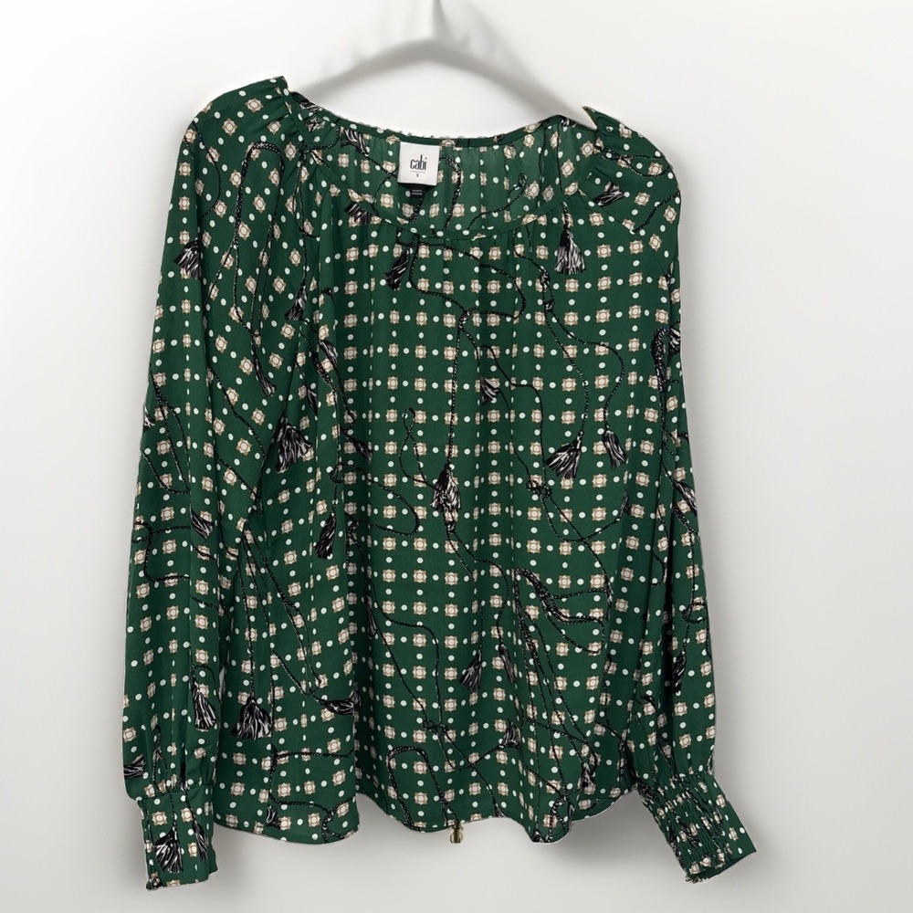 Cabi Top Womens Sz S Voyage Green Foulard Blouse Chiffon LS Fall 2023 Style 4535